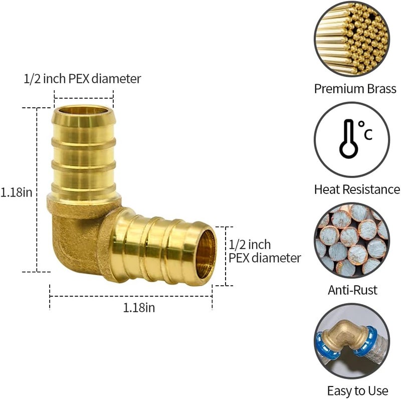 Ruby Q 50 Pack 1/2" PEX Fittings, Brass Elbow Fittings, for PEX Tubing Pipe - Image 2